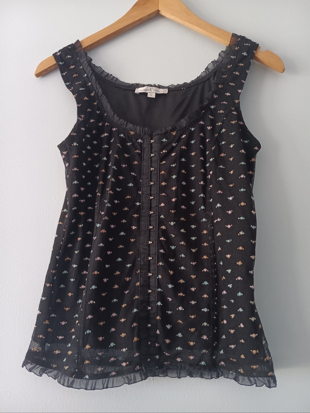 Moa Moa Black Micro Print Mesh Corset Ruffle Style Y2K Whimsy Top L